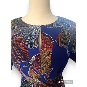 Trina Turk Floral Art Shift Blue Multicolor Flowers Ruffle Midi Dress Sz 4